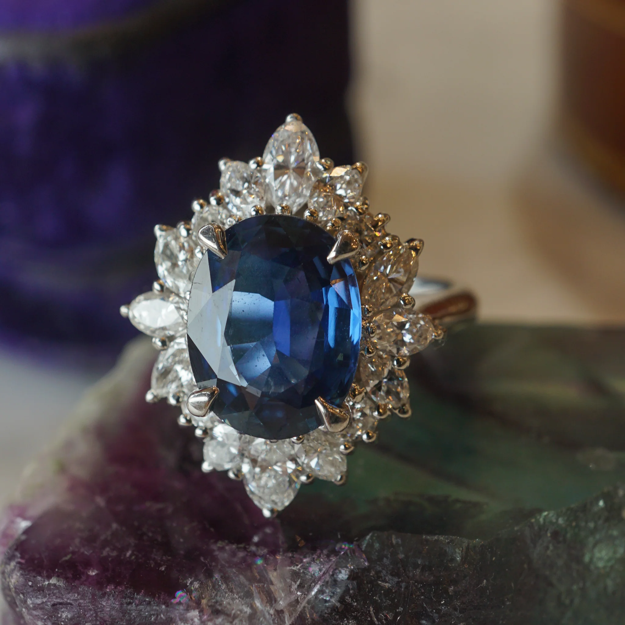 Sapphire & Marquise Cut Diamond Halo Ring in Platinum - Image 6