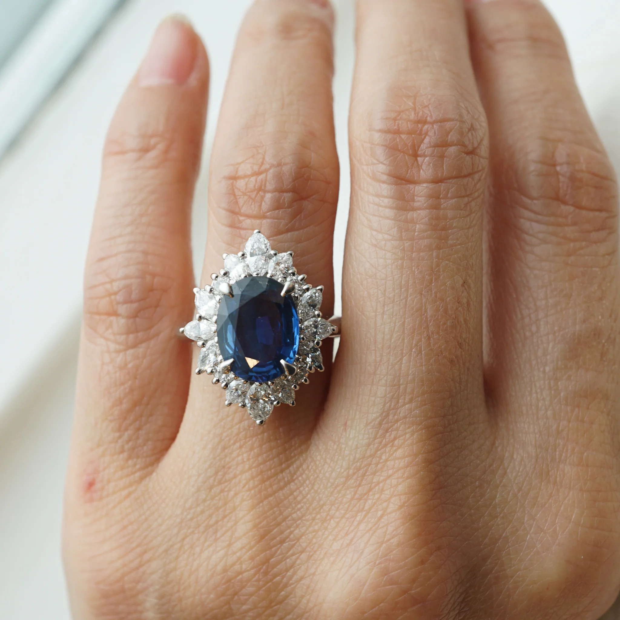 Sapphire & Marquise Cut Diamond Halo Ring in Platinum - Image 7
