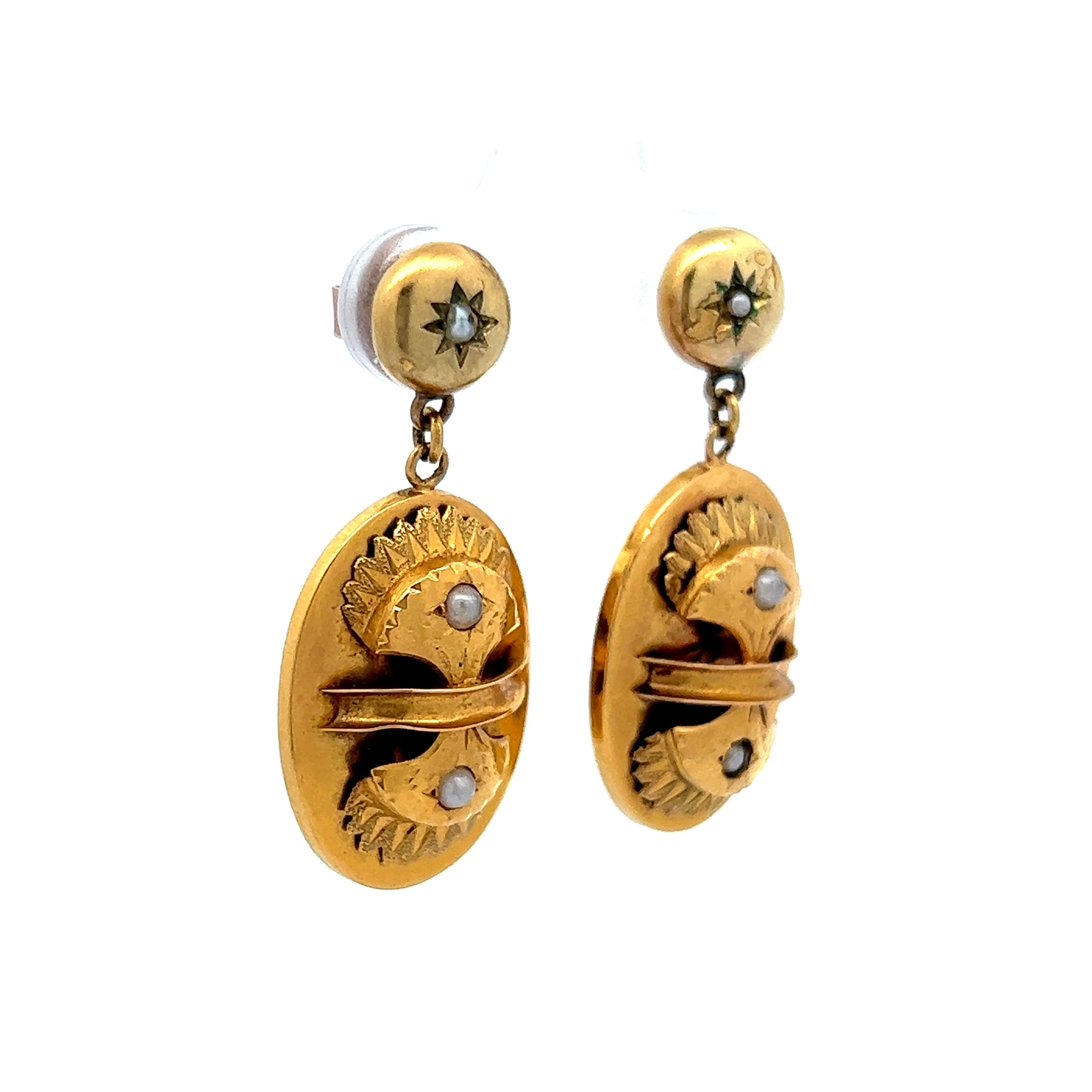 Victorian Pearl Amulet Shield Drop Earrings in 14K Yellow Gold - Image 3