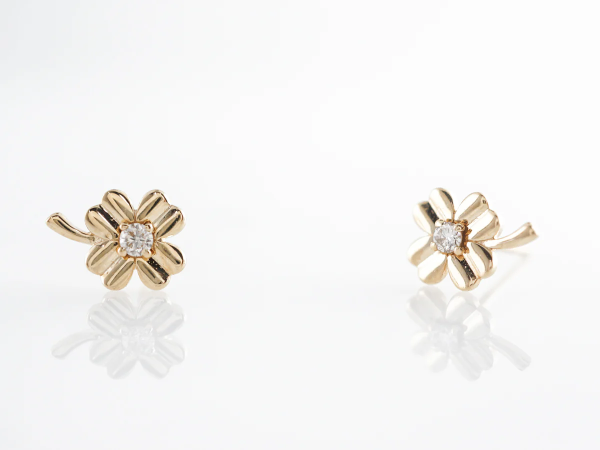 Small Diamond Clover Earrings 14K Yellow Gold - Image 2