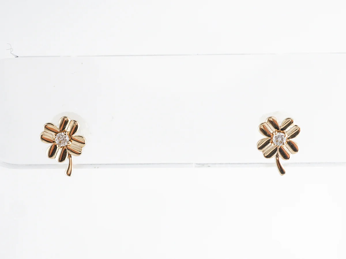 Small Diamond Clover Earrings 14K Yellow Gold - Image 3