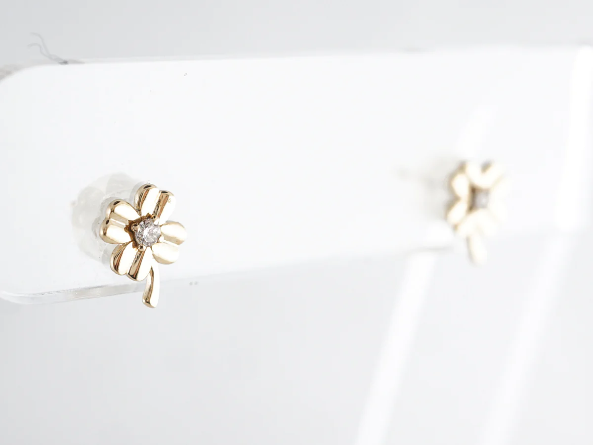 Small Diamond Clover Earrings 14K Yellow Gold - Image 4