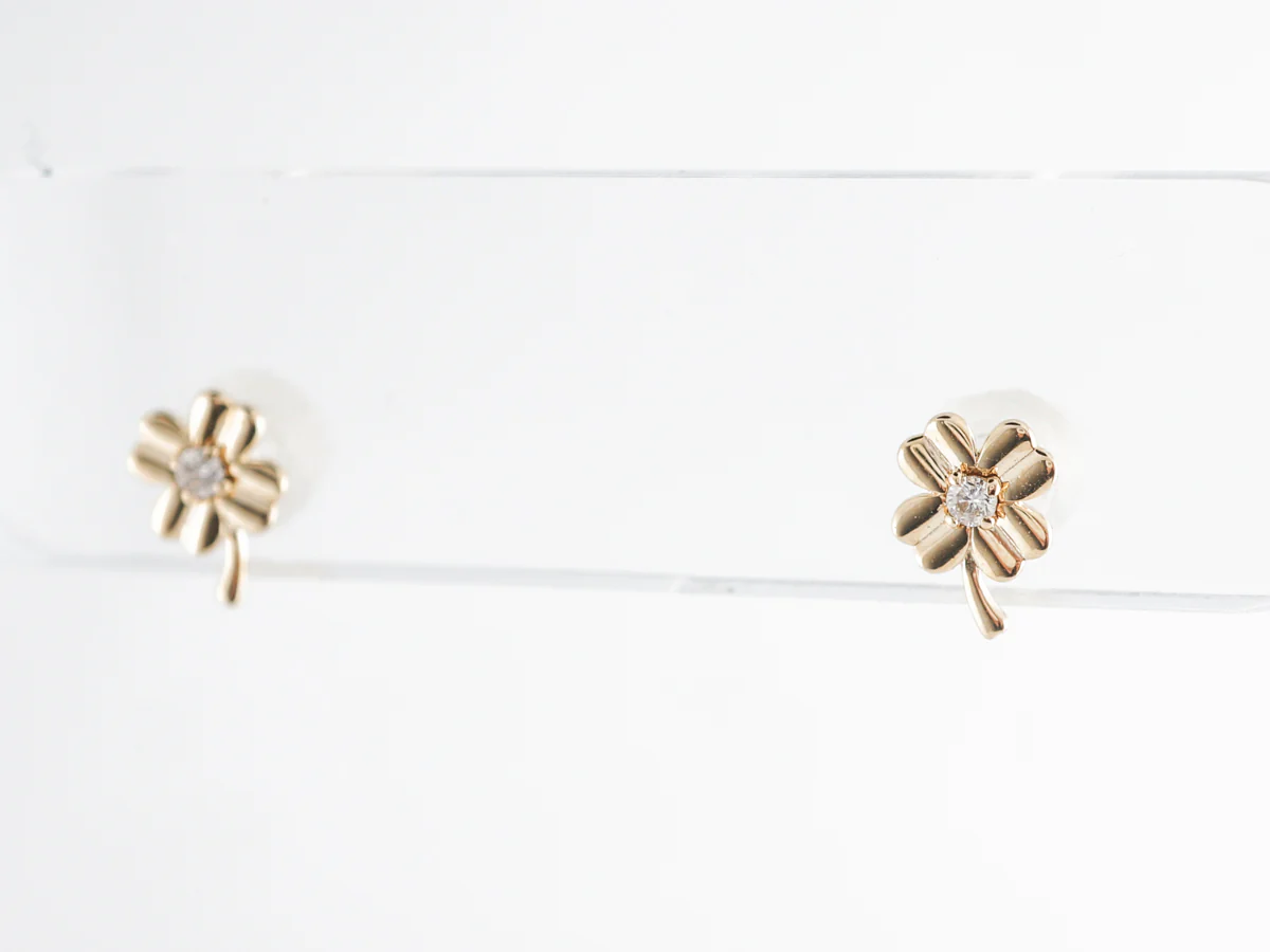 Small Diamond Clover Earrings 14K Yellow Gold - Image 5