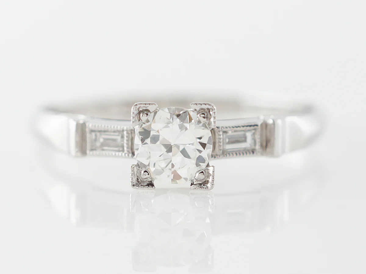 Solitaire Engagement Ring w/ Baguette Cut Diamonds Vintage Art Deco