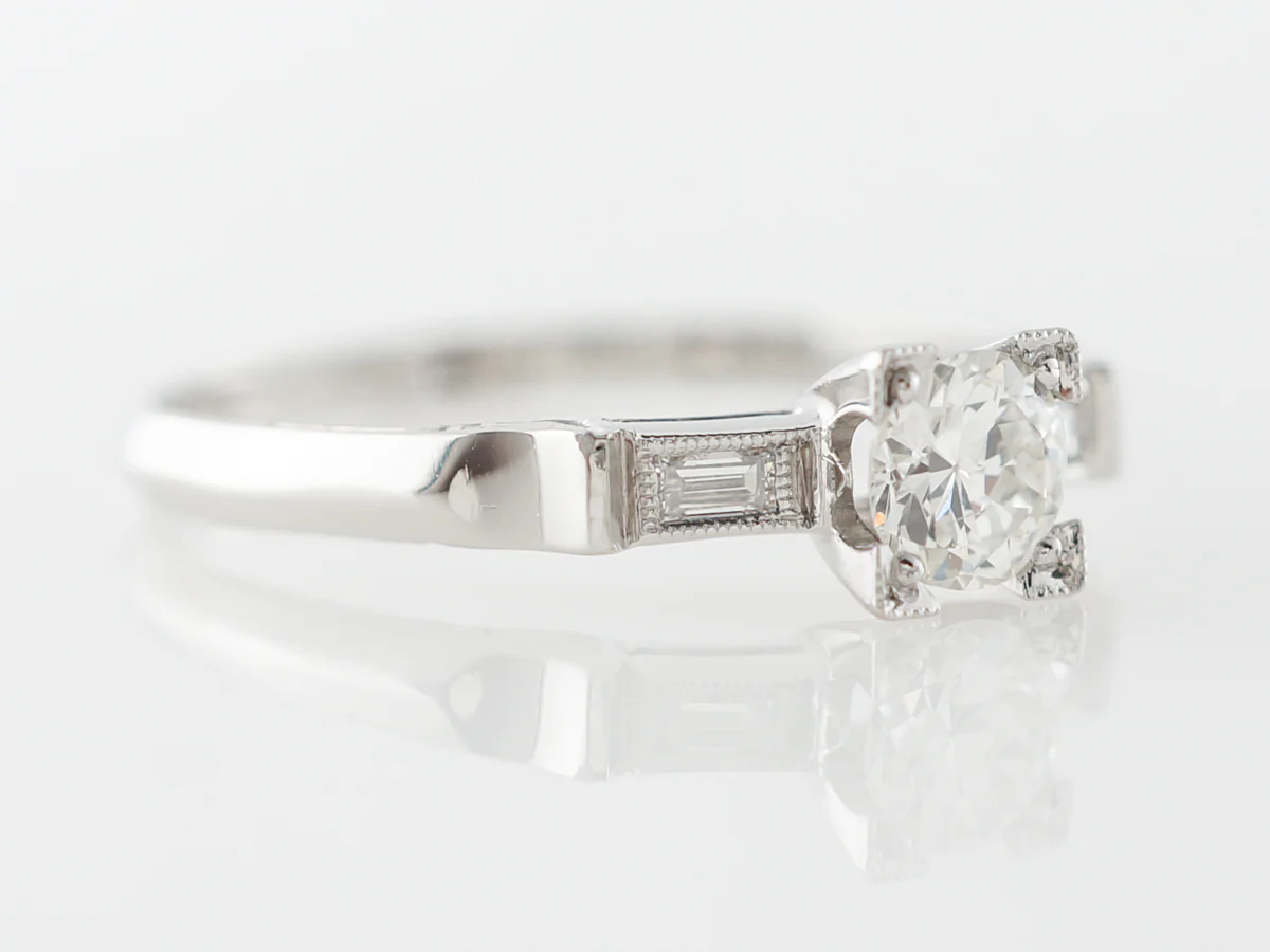 Solitaire Engagement Ring w/ Baguette Cut Diamonds Vintage Art Deco - Image 3