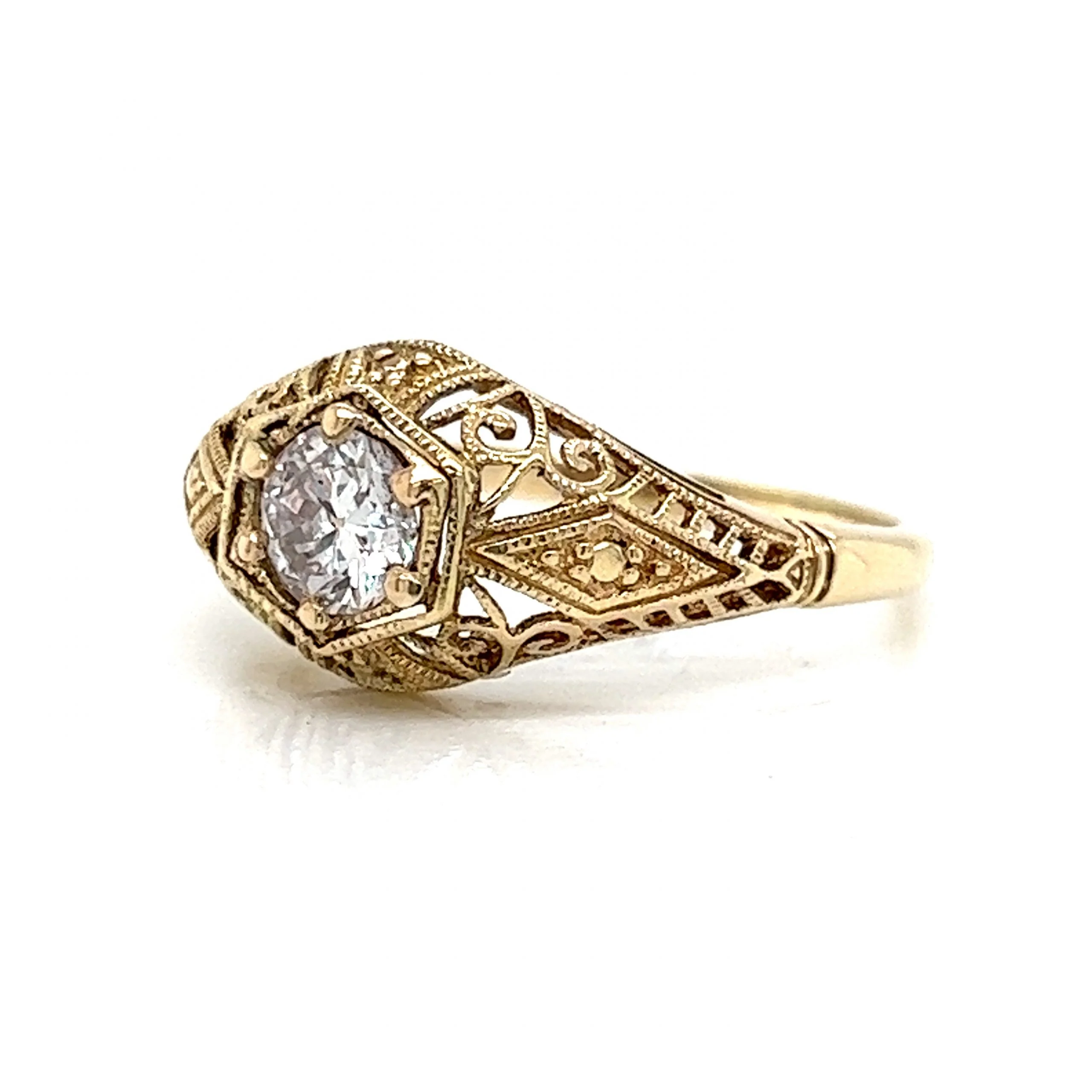 Solitaire Filigree Art Deco Engagement Ring in 14k Yellow Gold - Image 2