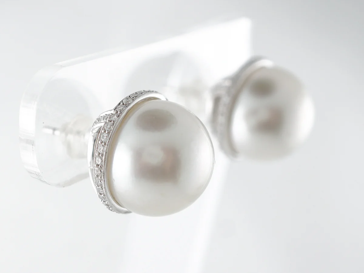 South Sea Pearl Earrings w/ Diamonds in Platinum - Image 4