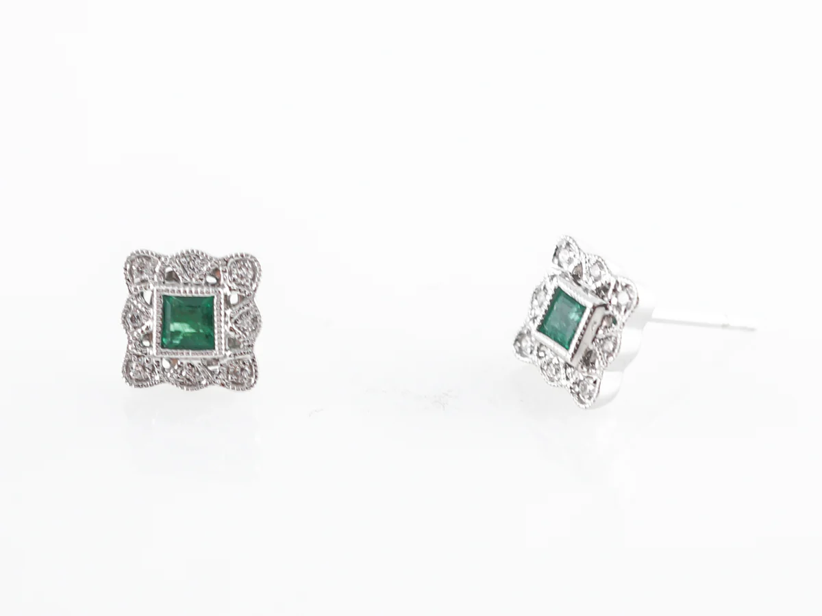 Square Emerald & Diamond Earrings in 14k White Gold - Image 2
