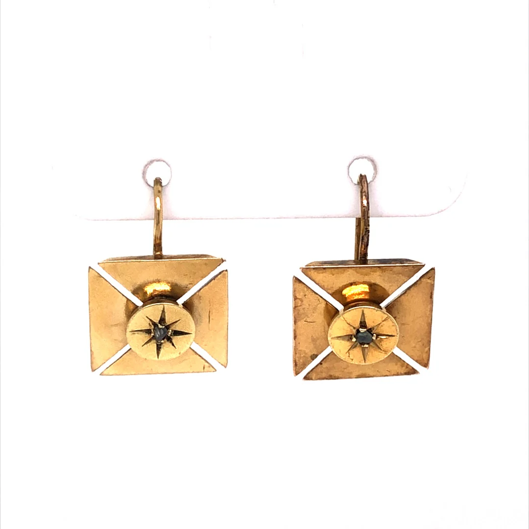 Square Victorian Diamond Drop Earrings in 14k Yellow Gold
