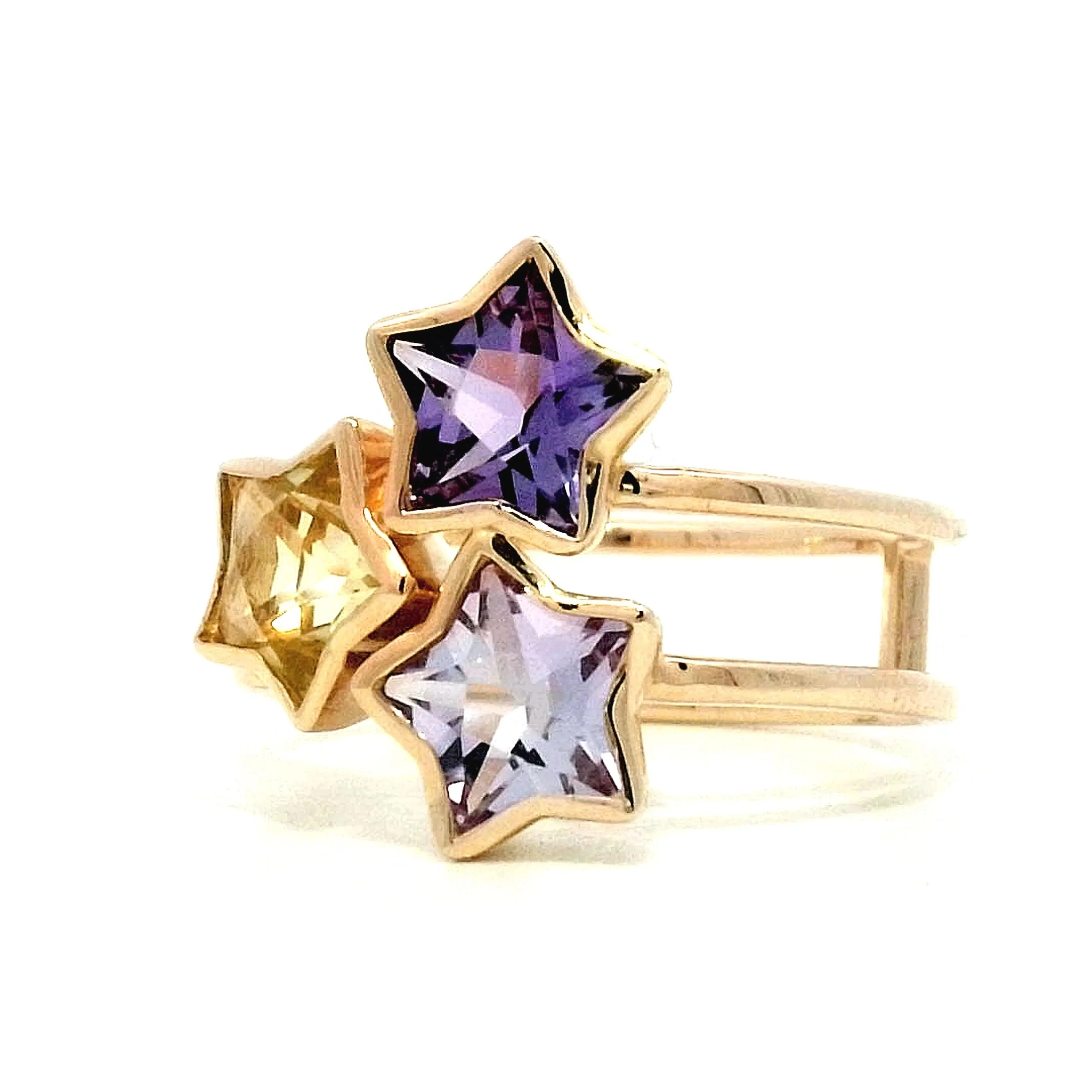 Star Amethyst & Lemon Quartz Cocktail Ring in 14k Yellow Gold - Image 2