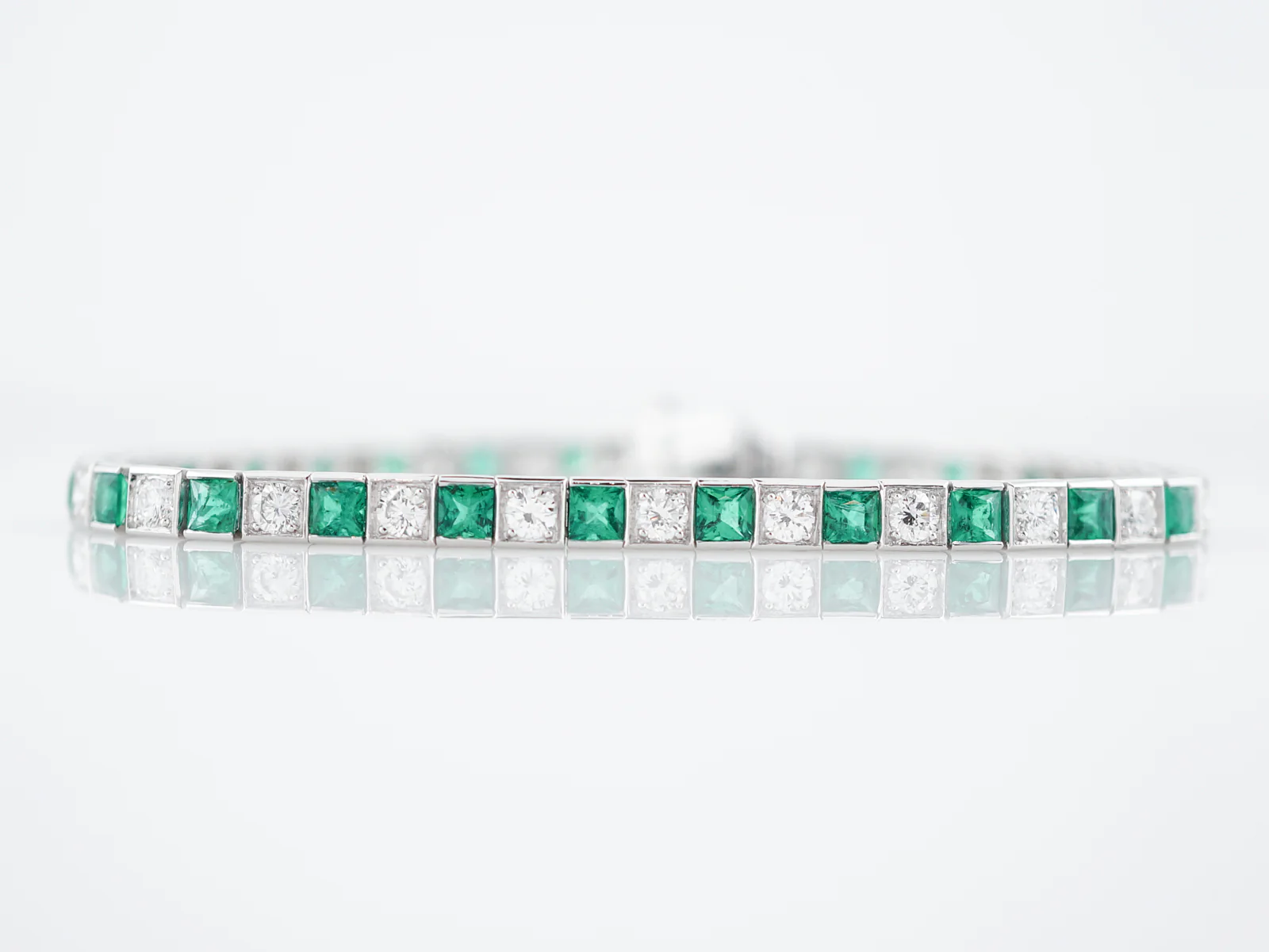 ***RTV***Straight Line Bracelet Modern 2.38 Round Brilliant Cut Diamonds & 3.20 Square Cut Emeralds in Platinum