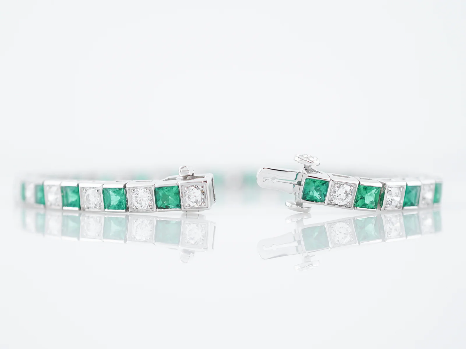 ***RTV***Straight Line Bracelet Modern 2.38 Round Brilliant Cut Diamonds & 3.20 Square Cut Emeralds in Platinum - Image 2