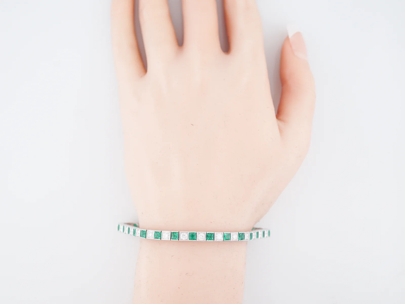 ***RTV***Straight Line Bracelet Modern 2.38 Round Brilliant Cut Diamonds & 3.20 Square Cut Emeralds in Platinum - Image 4
