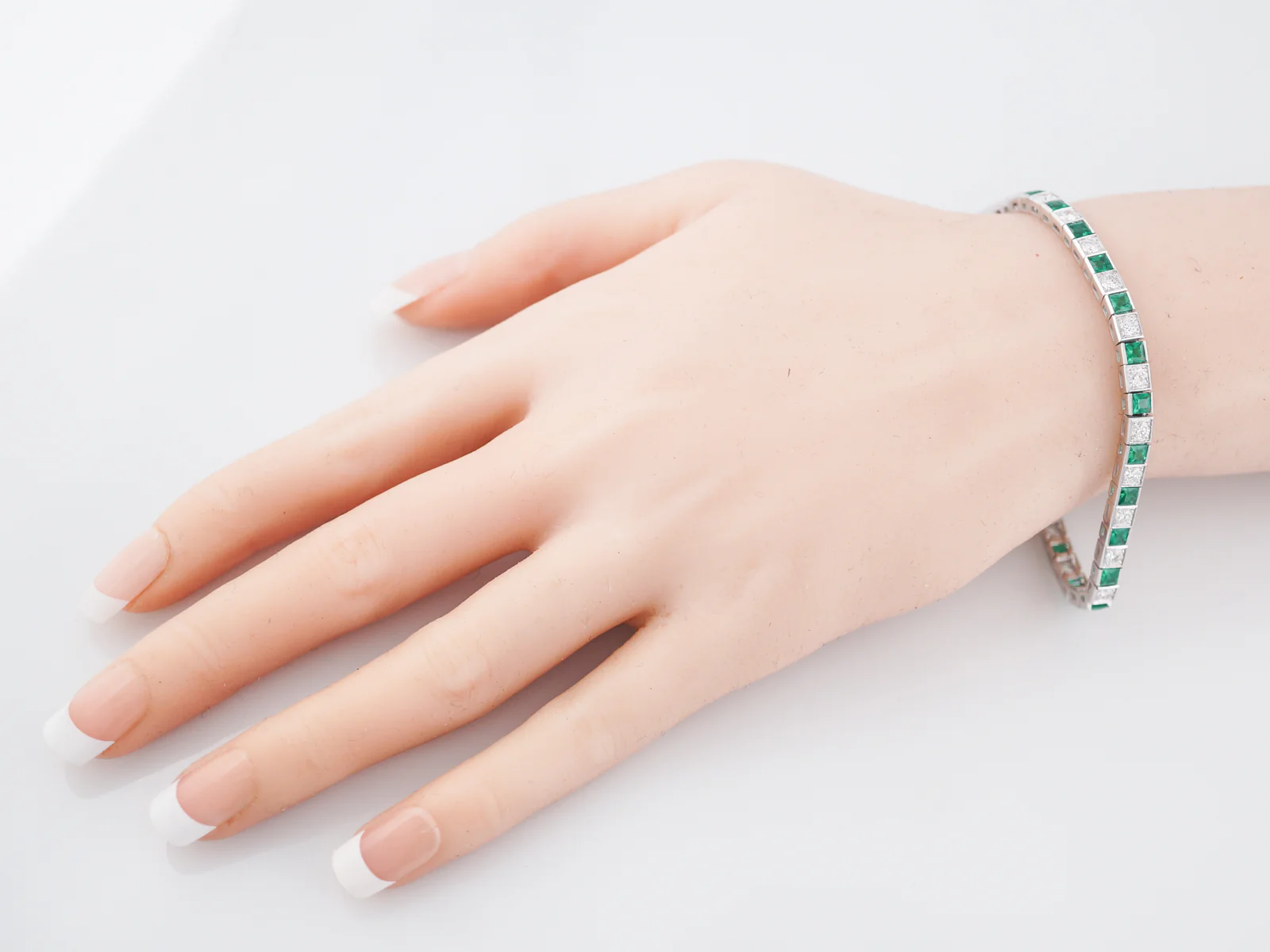 ***RTV***Straight Line Bracelet Modern 2.38 Round Brilliant Cut Diamonds & 3.20 Square Cut Emeralds in Platinum - Image 5