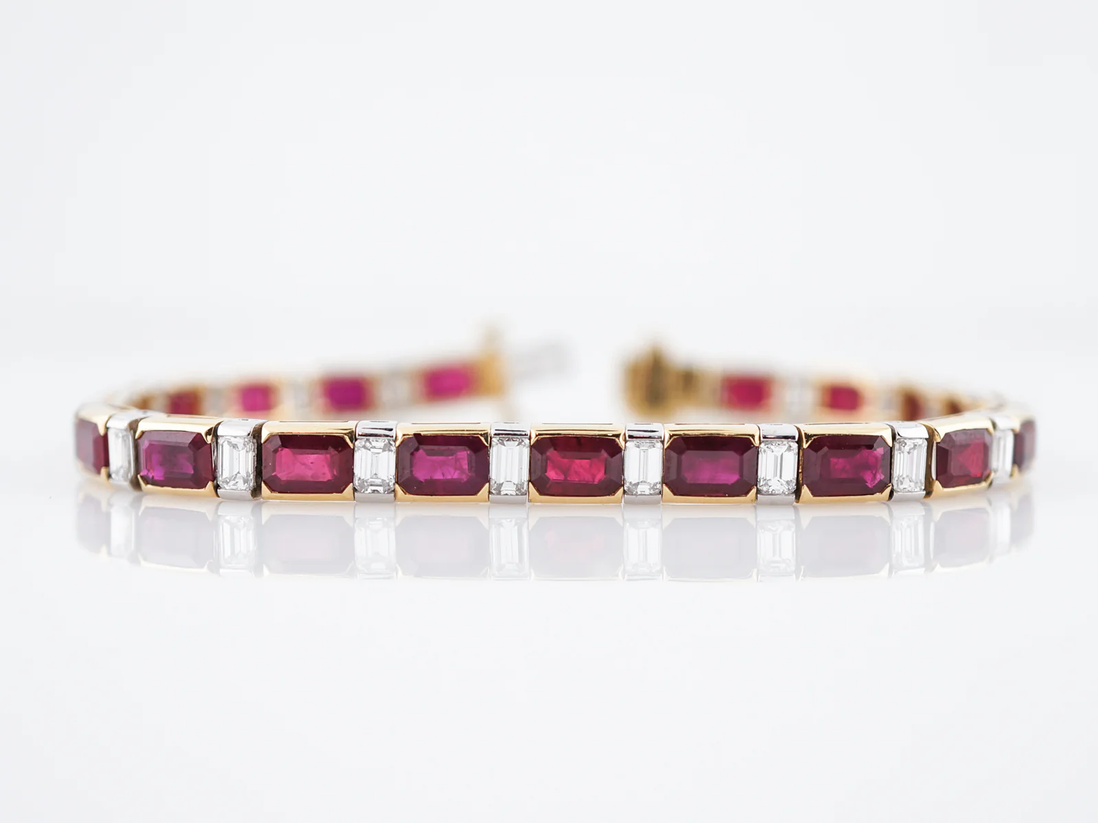 Straight Line Bracelet Modern 2.87 Emerald Cut Diamonds & 12.54 Emerald Cut Rubies in Platinum & 18k Yellow Gold