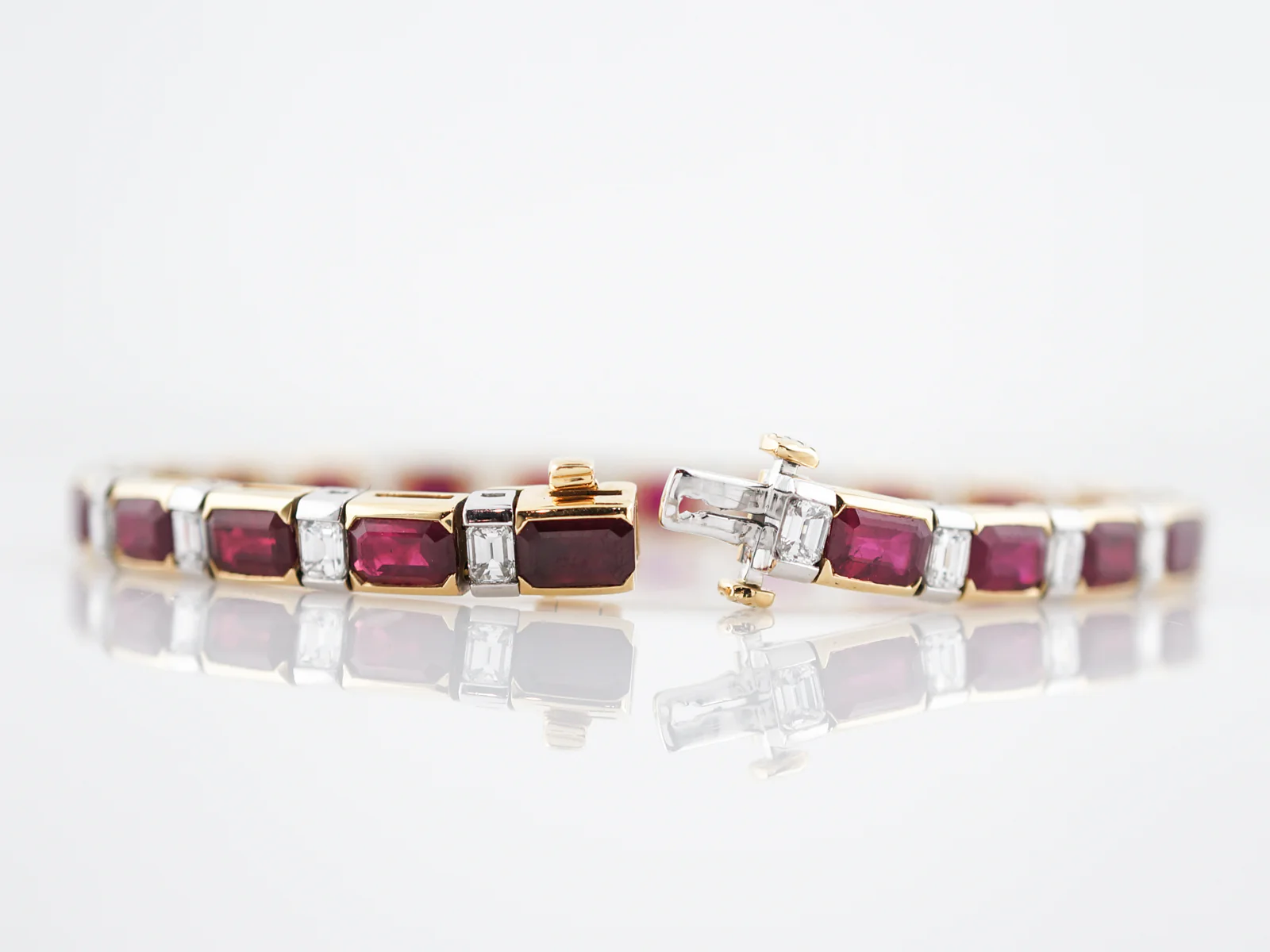 Straight Line Bracelet Modern 2.87 Emerald Cut Diamonds & 12.54 Emerald Cut Rubies in Platinum & 18k Yellow Gold - Image 2