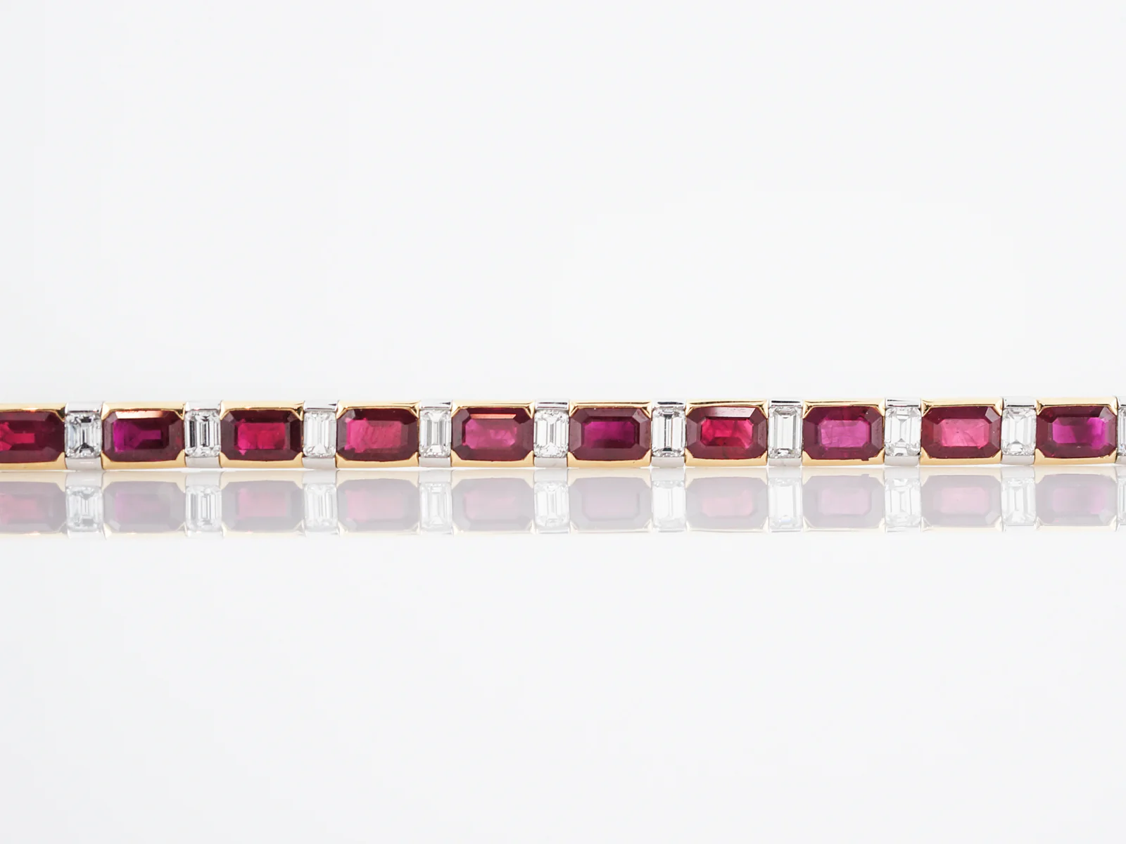 Straight Line Bracelet Modern 2.87 Emerald Cut Diamonds & 12.54 Emerald Cut Rubies in Platinum & 18k Yellow Gold - Image 3