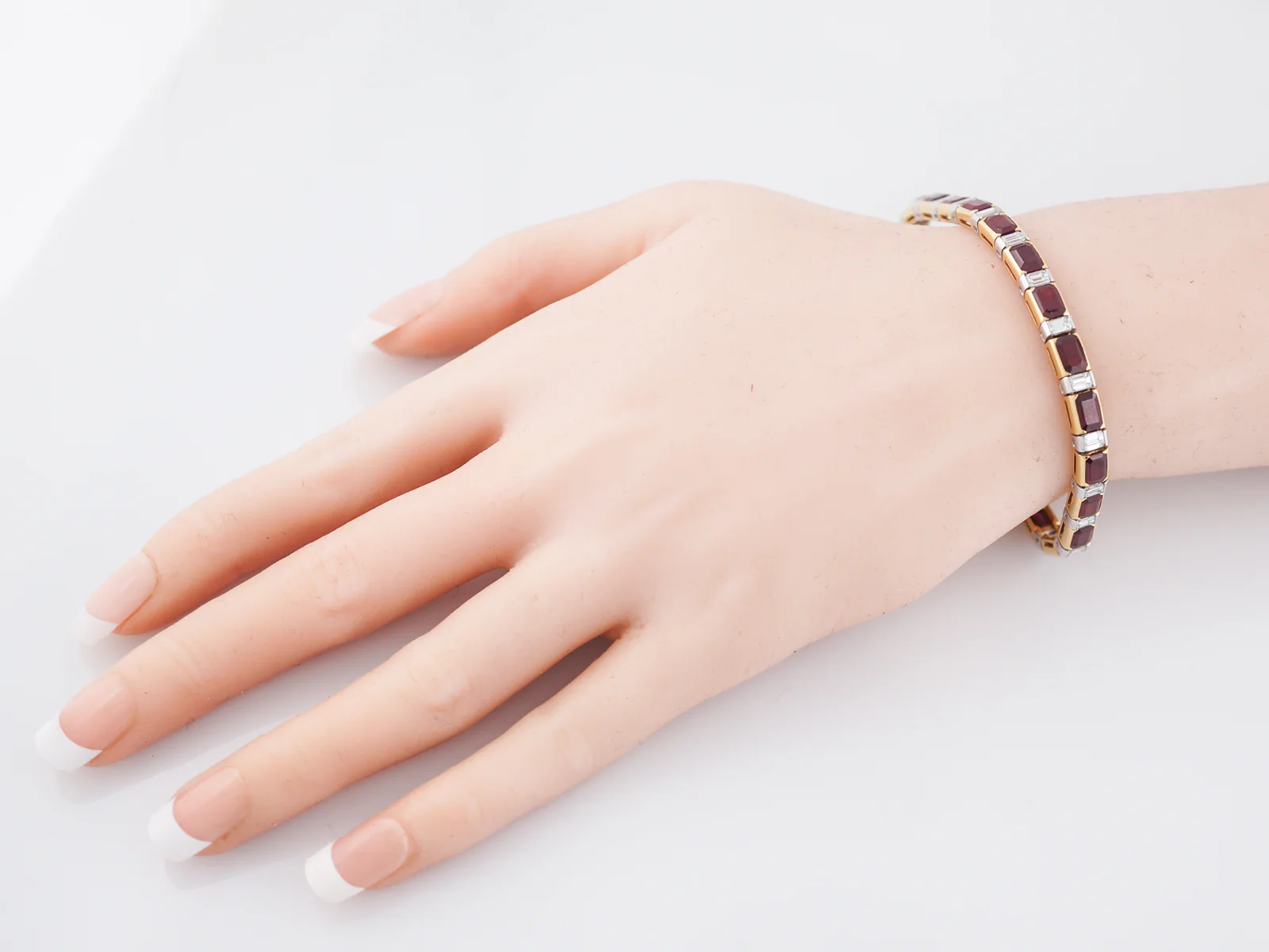 Straight Line Bracelet Modern 2.87 Emerald Cut Diamonds & 12.54 Emerald Cut Rubies in Platinum & 18k Yellow Gold - Image 4