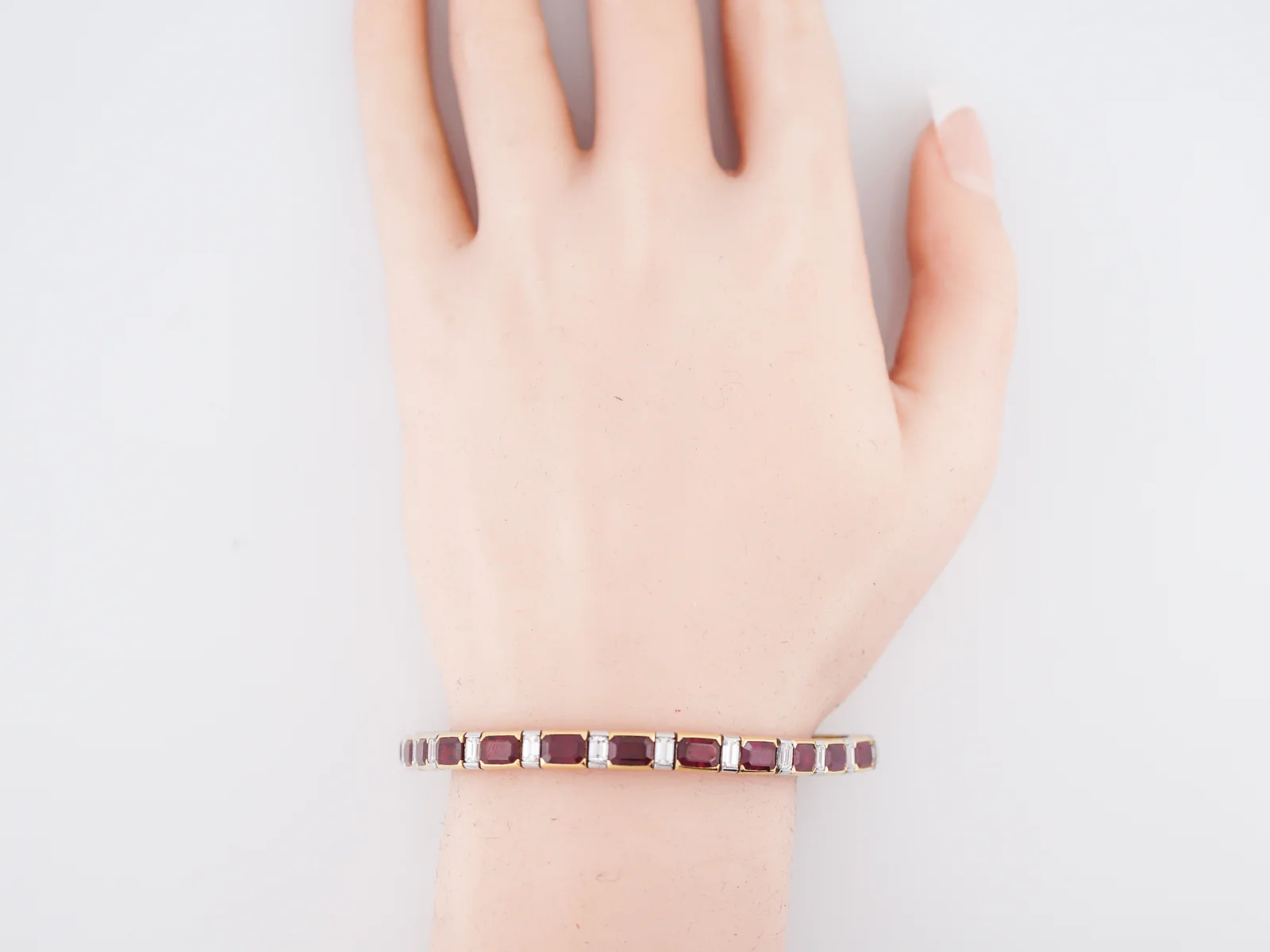 Straight Line Bracelet Modern 2.87 Emerald Cut Diamonds & 12.54 Emerald Cut Rubies in Platinum & 18k Yellow Gold - Image 5
