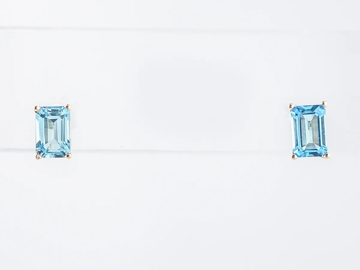 Stud Earrings Modern 1.33 Emerald Cut Blue Topaz in 14k Yellow Gold - Image 2