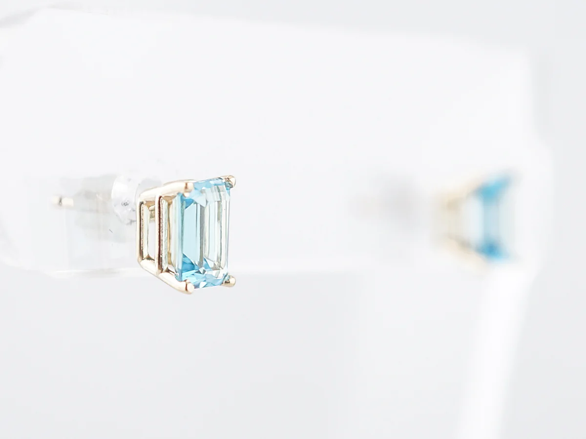 Stud Earrings Modern 1.33 Emerald Cut Blue Topaz in 14k Yellow Gold - Image 3