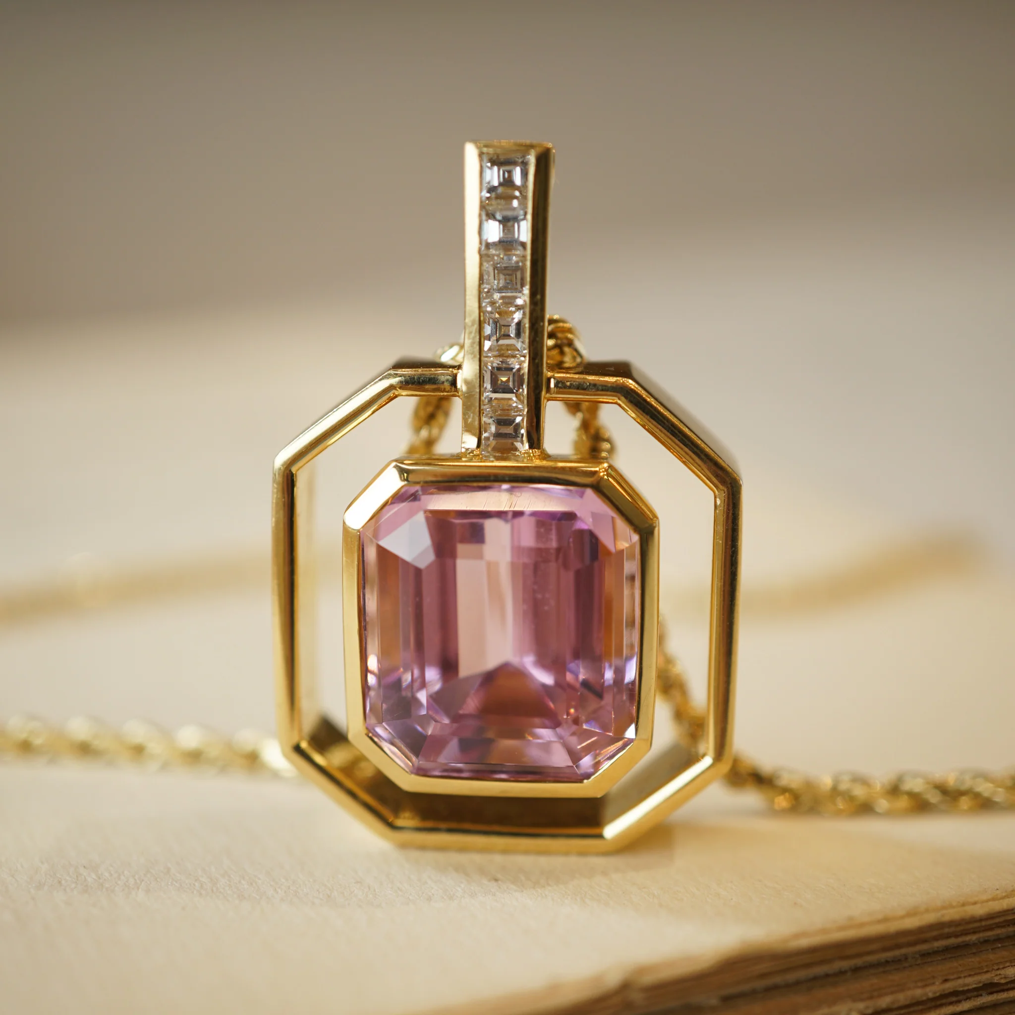Susan Sadler Kunzite & Diamond Pendant in 18k Yellow Gold - Image 4
