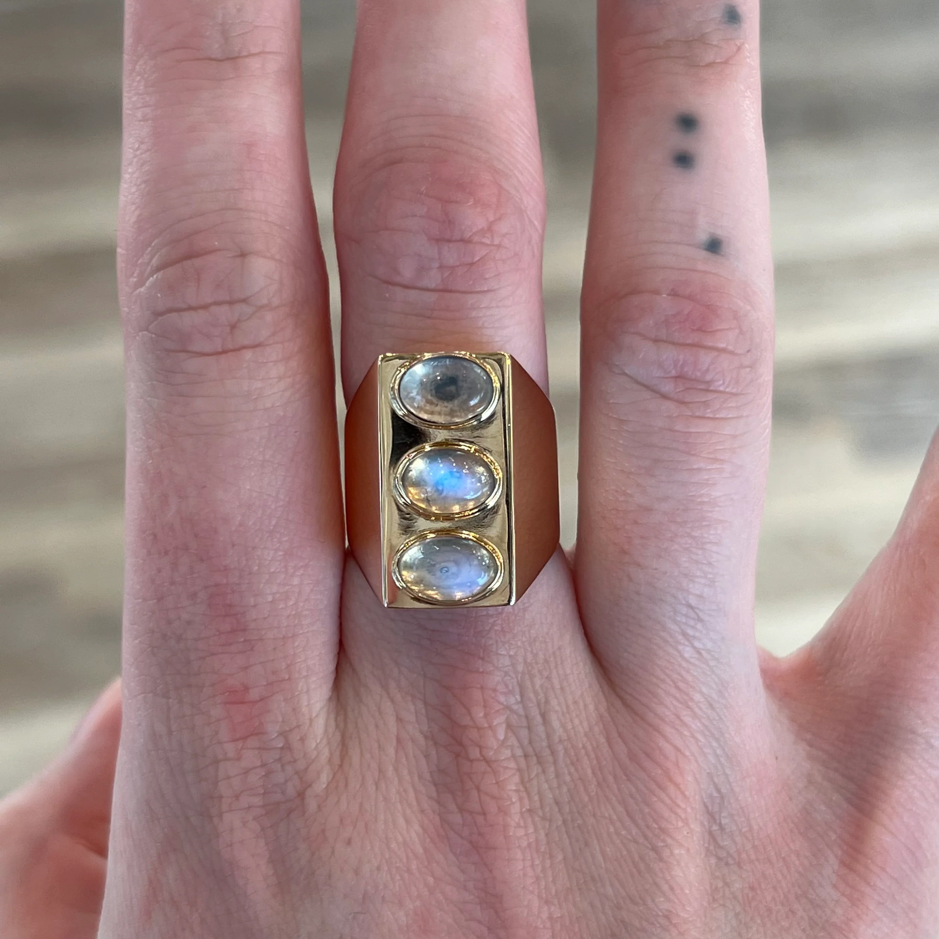 Three Stone Bezel Set Moonstone Cocktail Ring in 14k Yellow Gold - Image 6