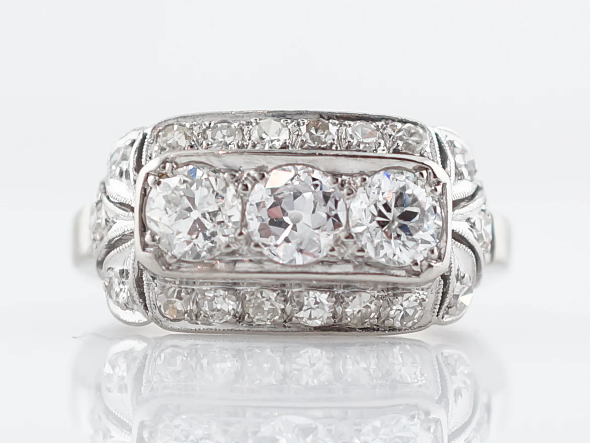 Three Stone Vintage Filigree Diamond Engagement Ring