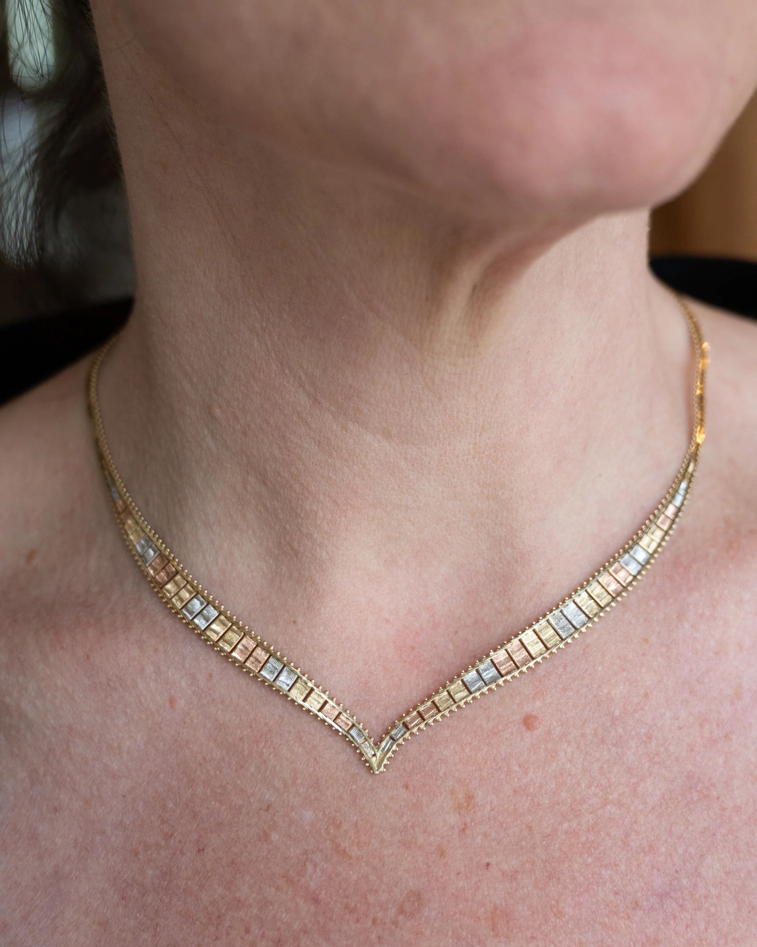 Tri-Color Herringbone Collar Necklace 14k Gold - Image 6