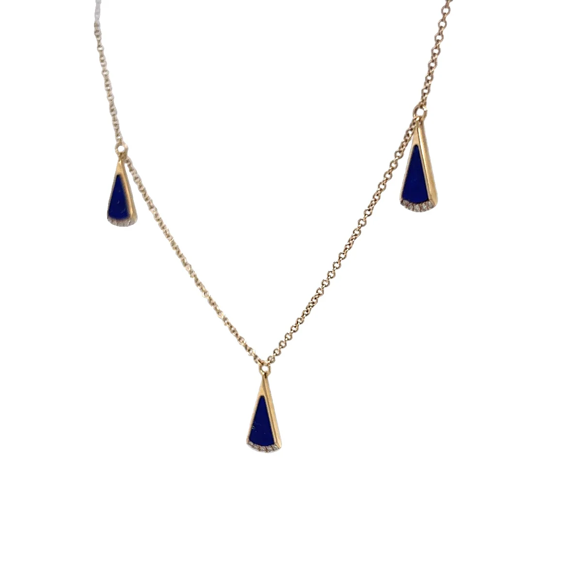 Triangle Cut Lapis Lazuli & Diamond Necklace in 14k Yellow Gold - Image 3