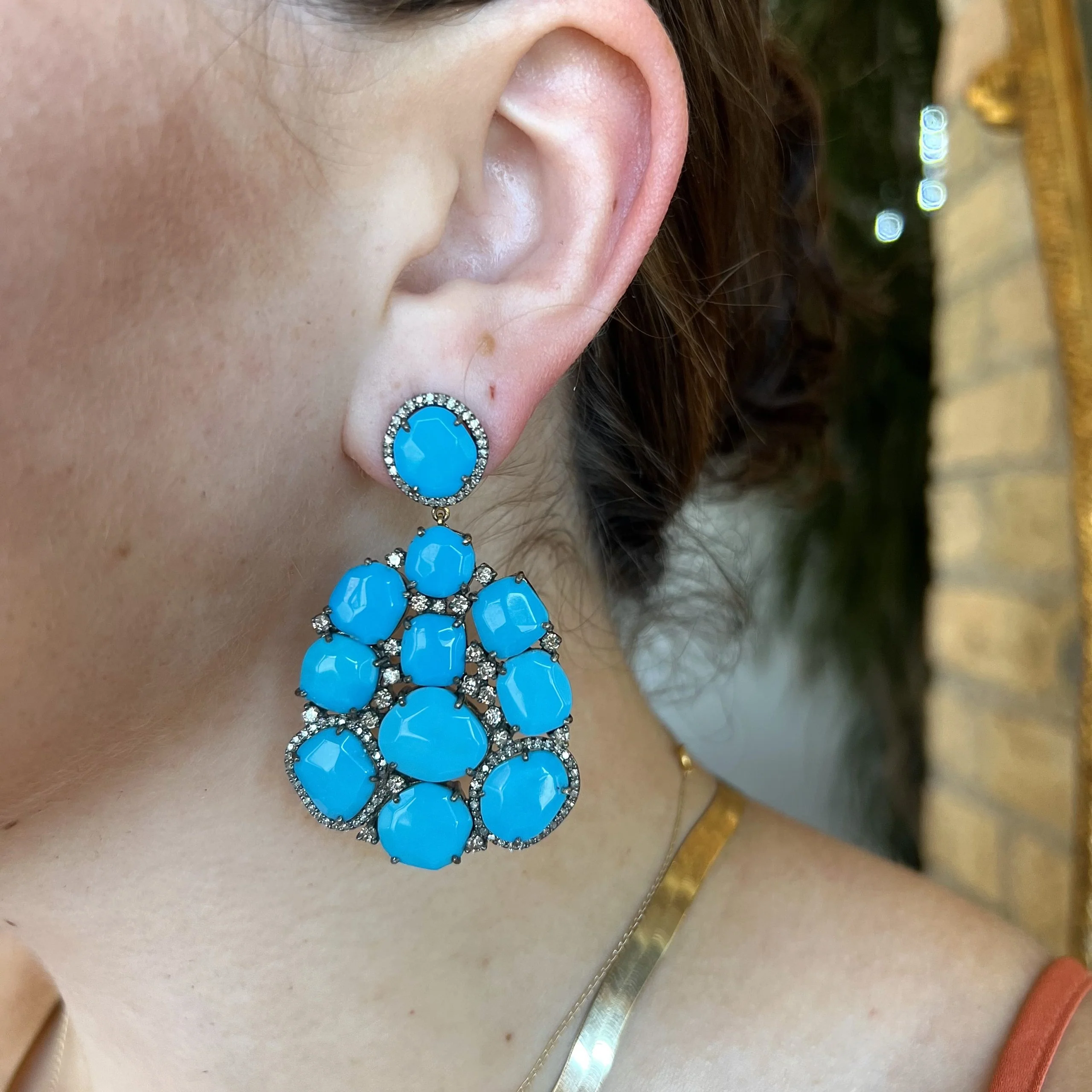 Turquoise Cluster Drop Earrings in Sterling Silver - Image 4