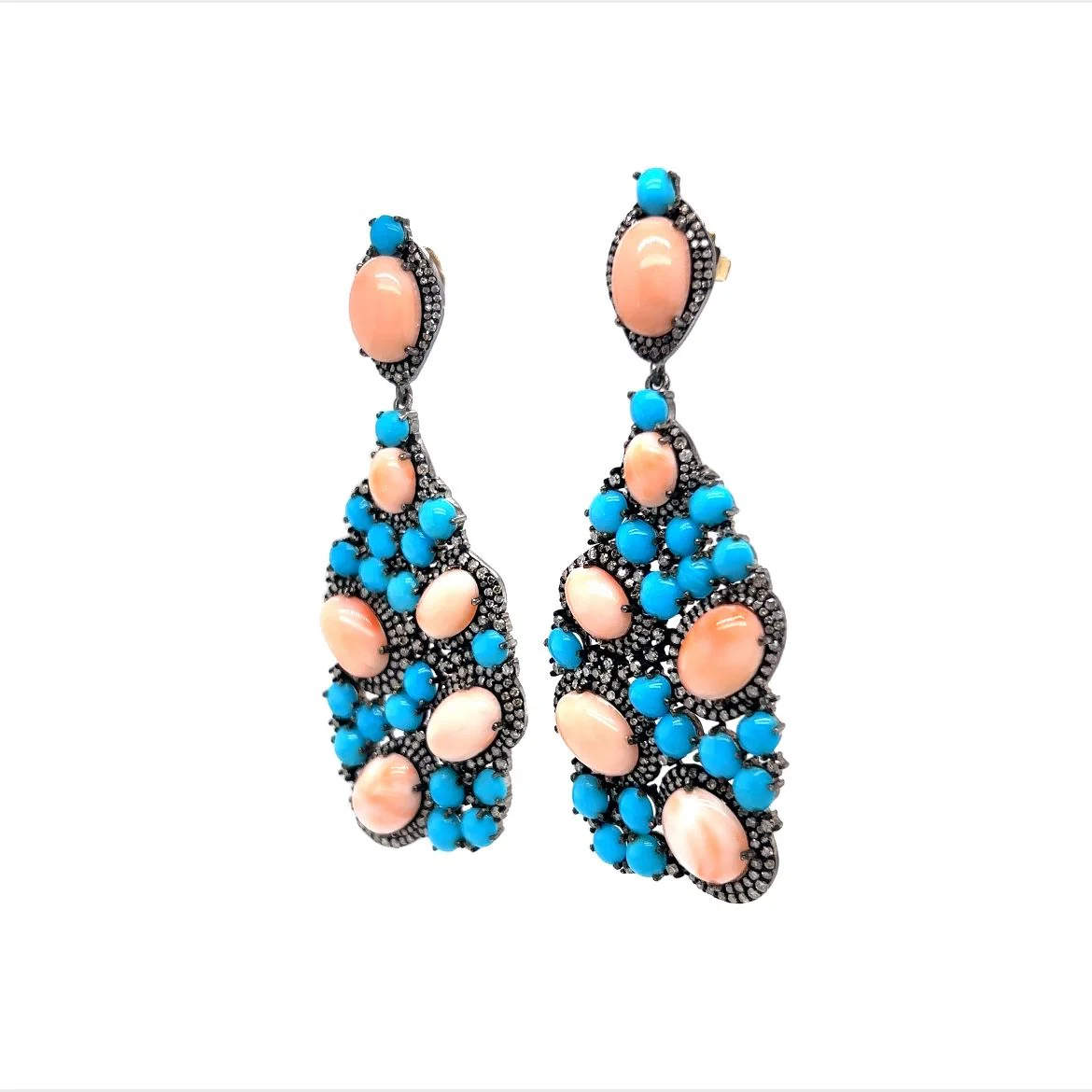 Turquoise, Coral, & Diamond Cluster Drop Earrings in Sterling Silver - Image 2