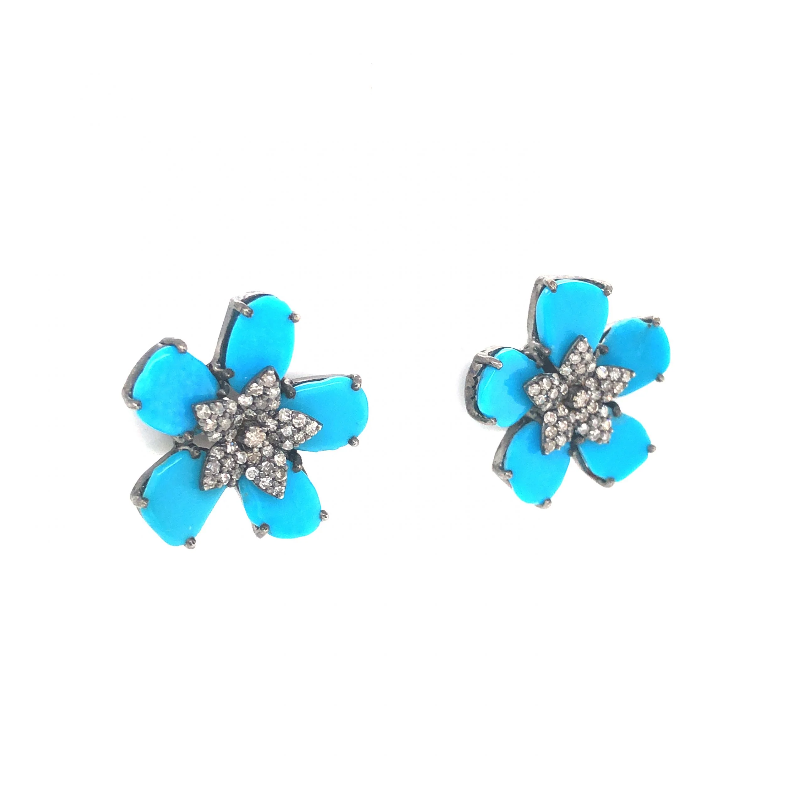 Turquoise & Diamond Flower Stud Earrings in Sterling Silver - Image 3