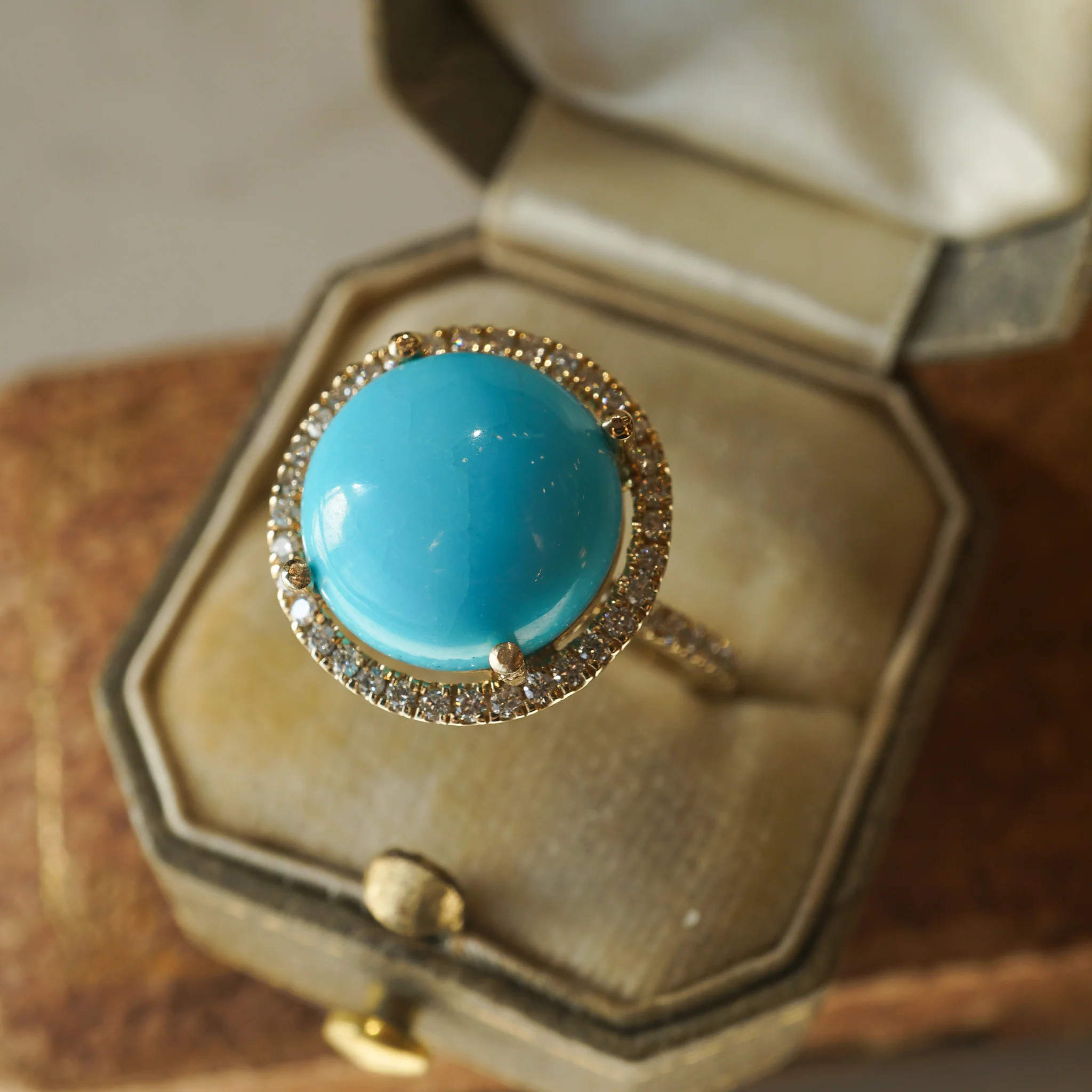 Turquoise & Diamond Halo Ring in 14k Yellow Gold - Image 5