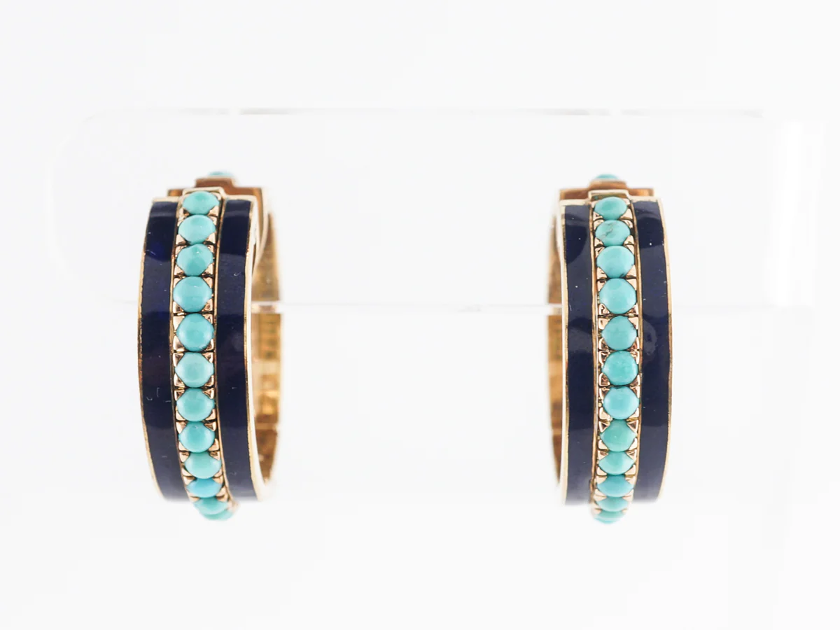 Thick Hoop Earrings w/ Turquoise in 18k Yellow Gold