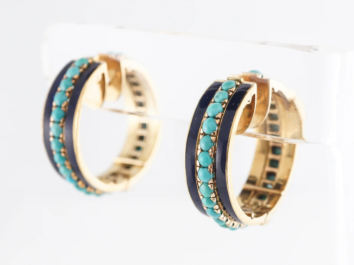 Thick Hoop Earrings w/ Turquoise in 18k Yellow Gold - Image 2