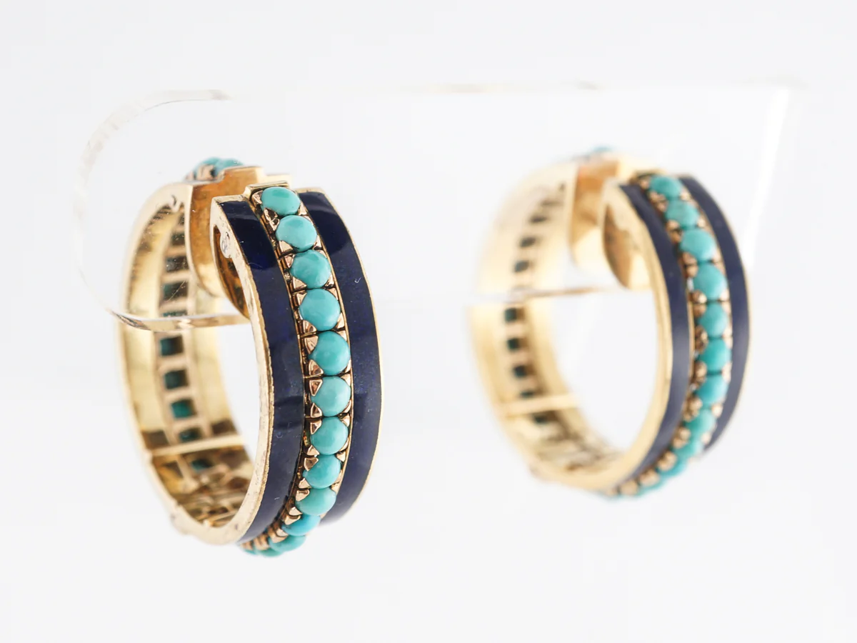 Thick Hoop Earrings w/ Turquoise in 18k Yellow Gold - Image 3