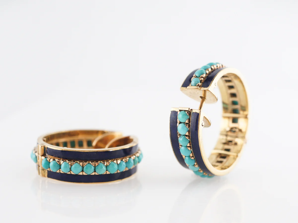Thick Hoop Earrings w/ Turquoise in 18k Yellow Gold - Image 4