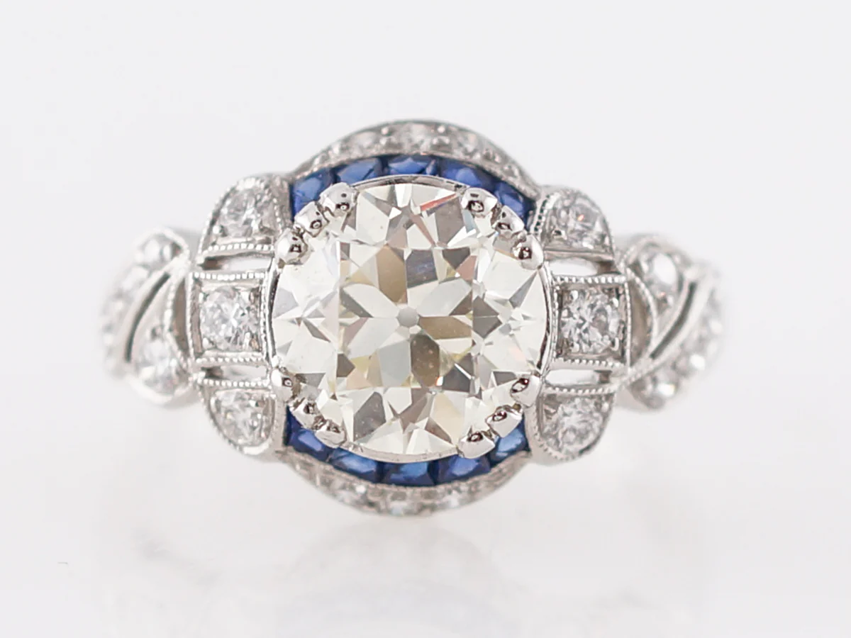 Two Carat Old European Cut Diamond & Sapphire Engagement Ring