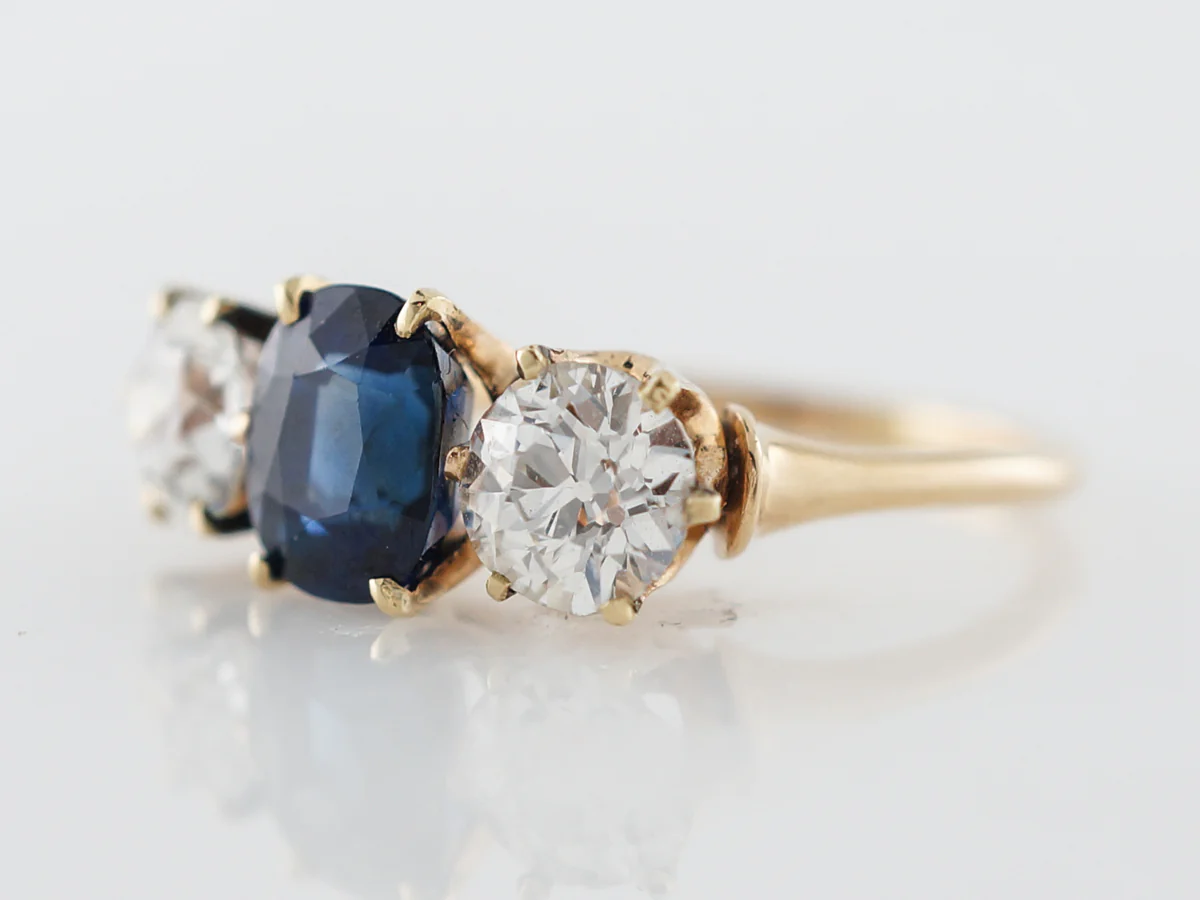 Victorian 3 Stone Engagement Ring w/ Sapphire & Diamonds - Image 2