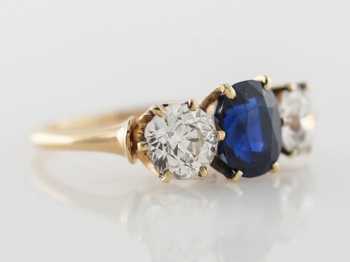 Victorian 3 Stone Engagement Ring w/ Sapphire & Diamonds - Image 3