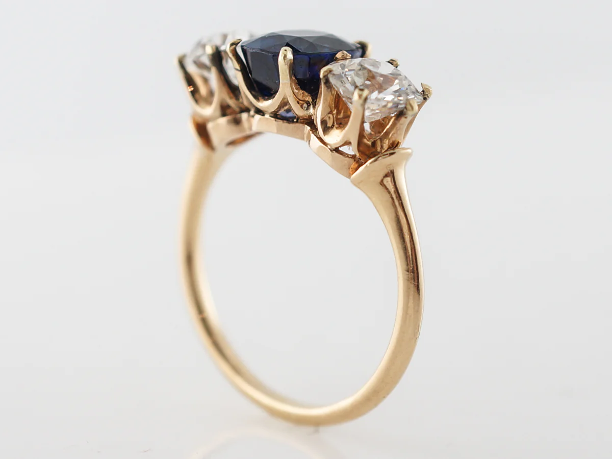 Victorian 3 Stone Engagement Ring w/ Sapphire & Diamonds - Image 5