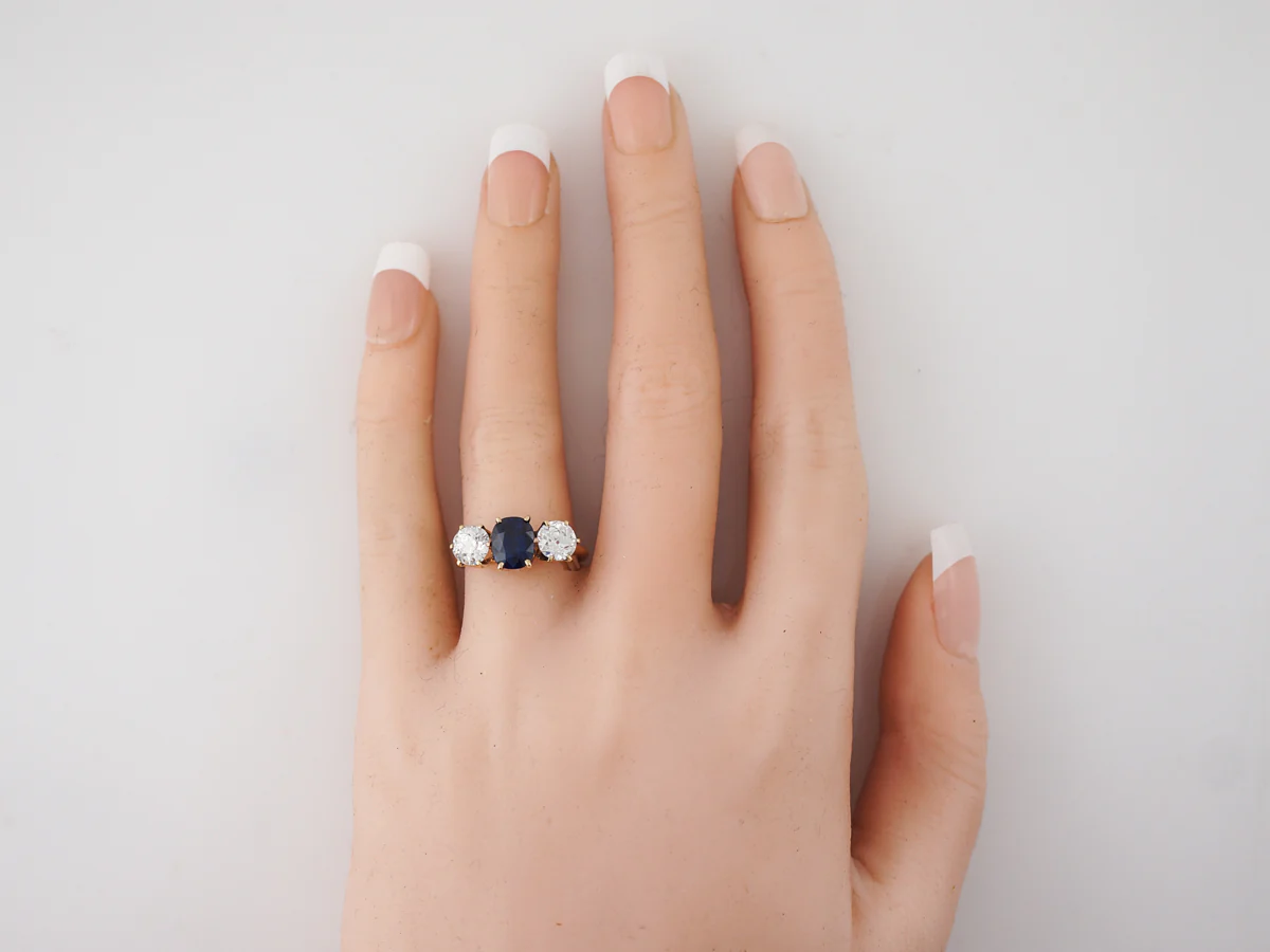 Victorian 3 Stone Engagement Ring w/ Sapphire & Diamonds - Image 6