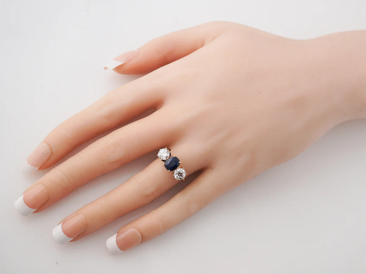 Victorian 3 Stone Engagement Ring w/ Sapphire & Diamonds - Image 7