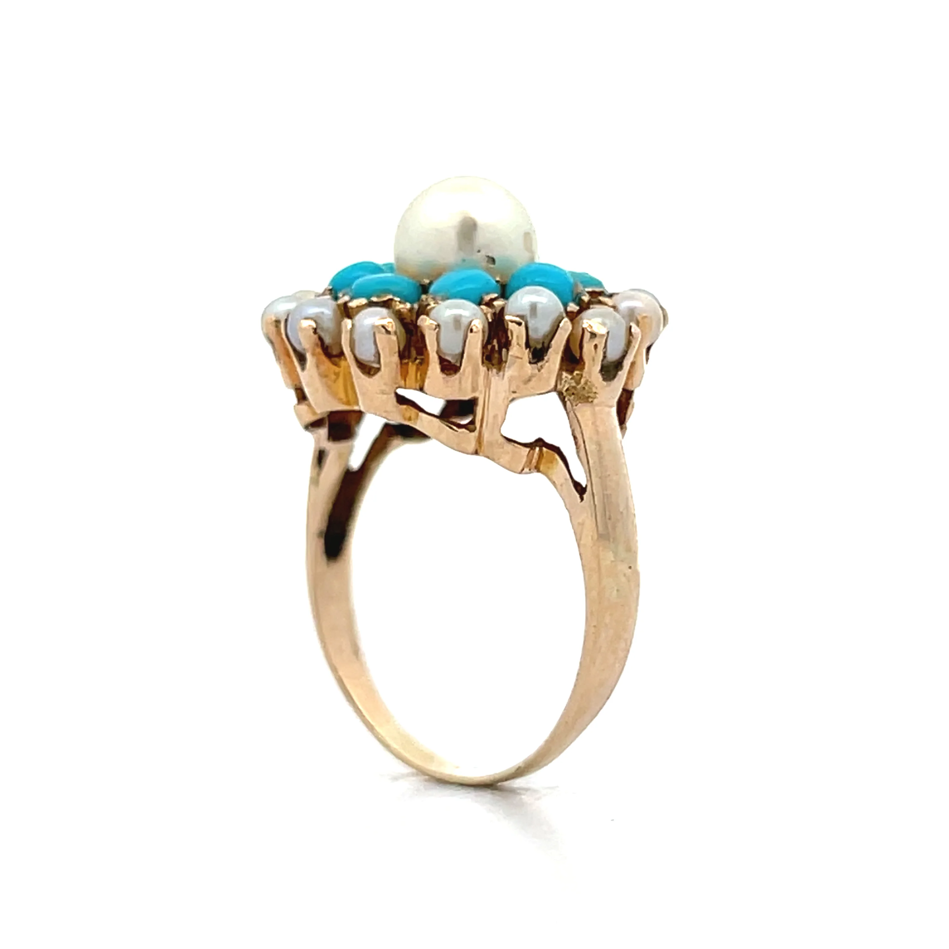 Victorian Antique Turquoise & Pearl Cocktail Ring in 14k - Image 5