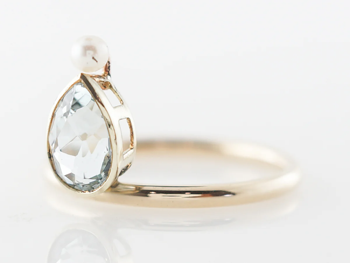 Victorian Aquamarine & Pearl Ring in 14k Yellow Gold - Image 2