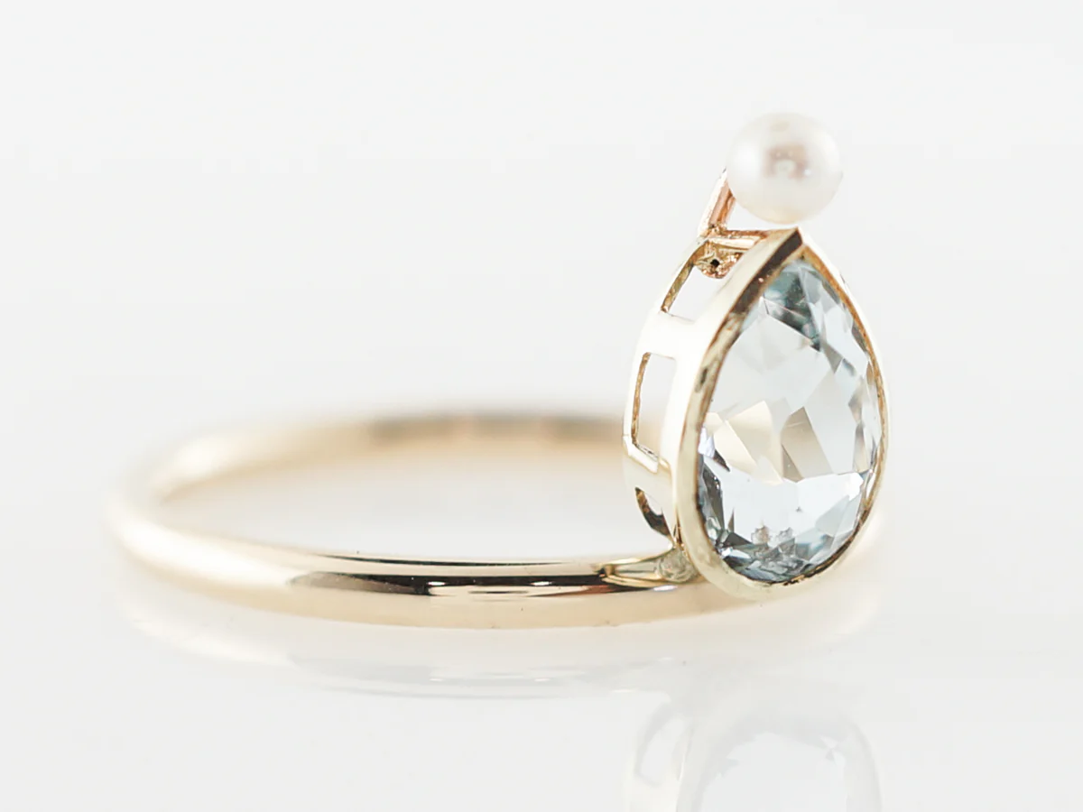 Victorian Aquamarine & Pearl Ring in 14k Yellow Gold - Image 3