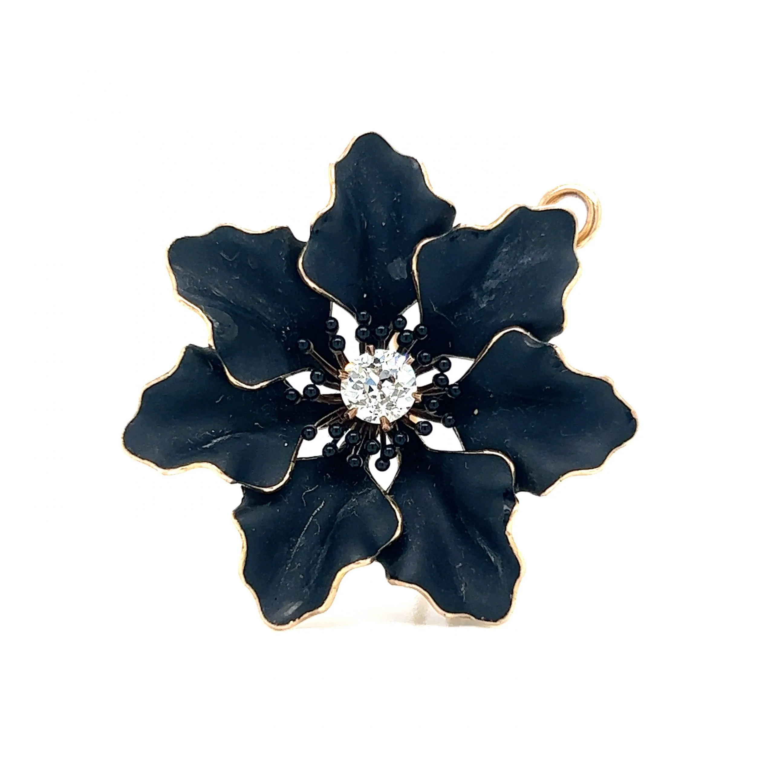 Victorian Black Flower Brooch Pendant in 14k Yellow Gold