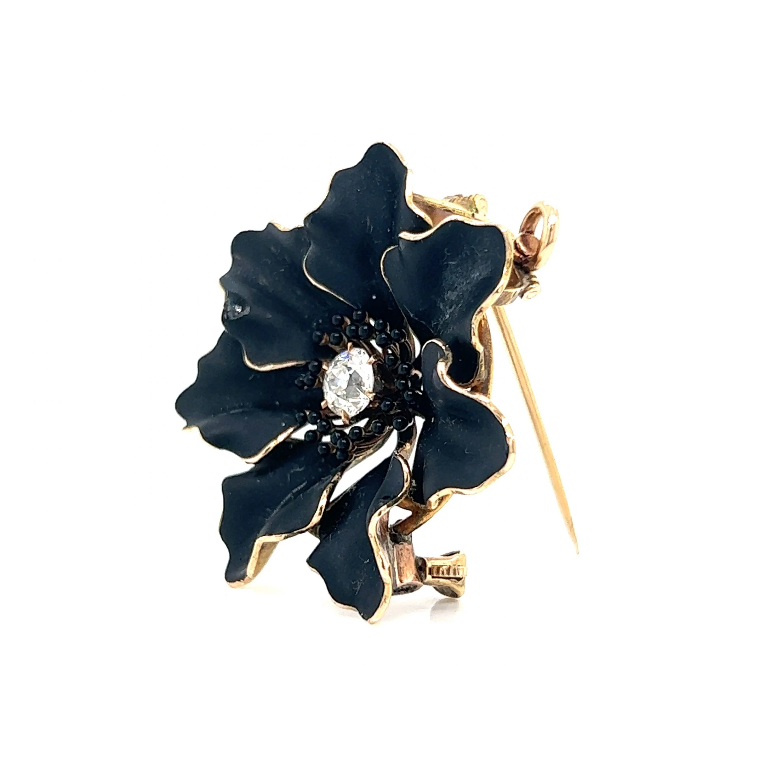 Victorian Black Flower Brooch Pendant in 14k Yellow Gold - Image 2