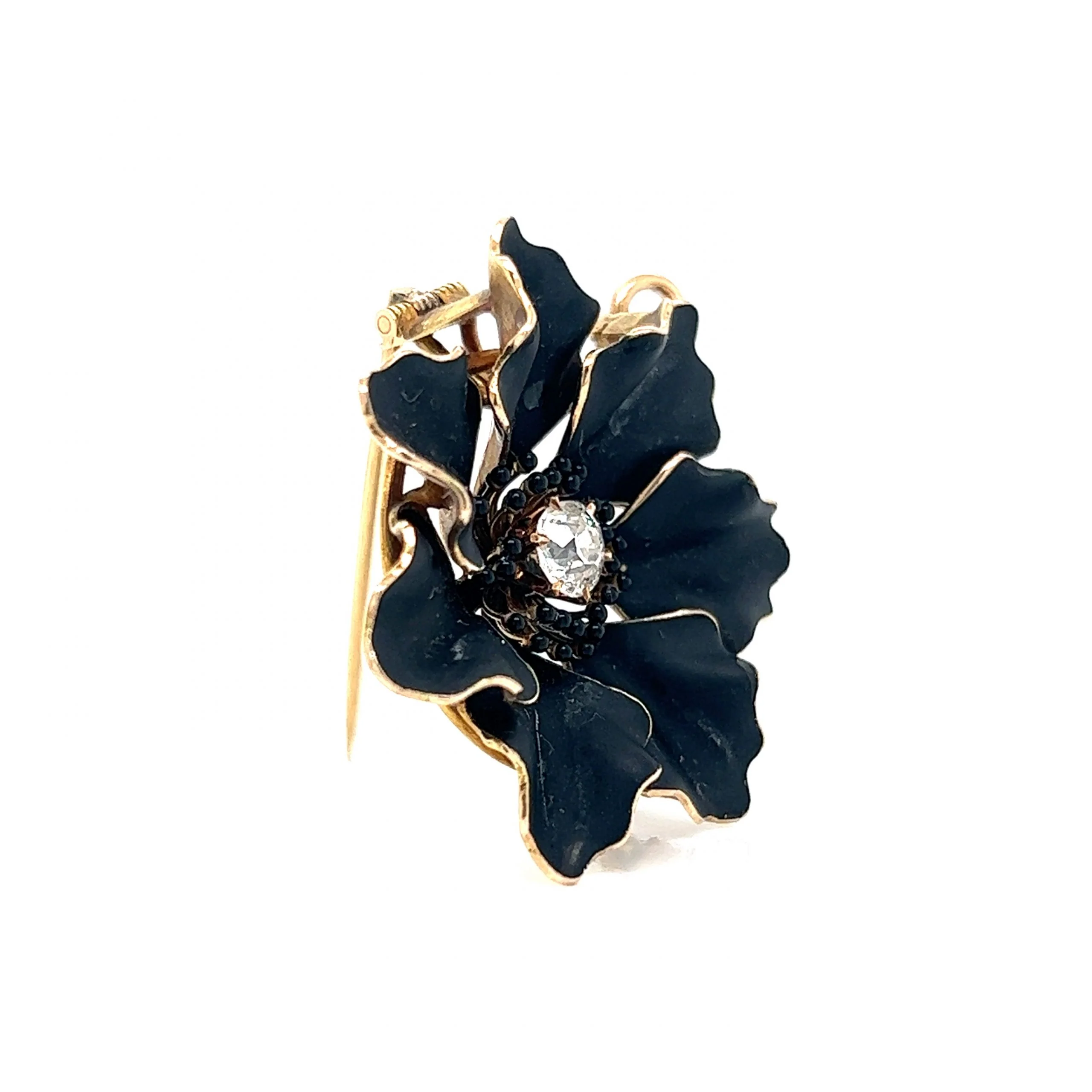 Victorian Black Flower Brooch Pendant in 14k Yellow Gold - Image 3